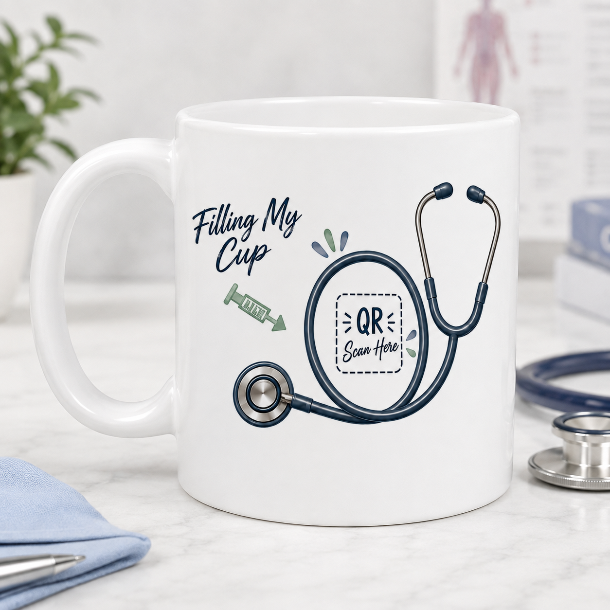Scrubs On. Faith Up. Let's Go. mug, opposite side with QR code
